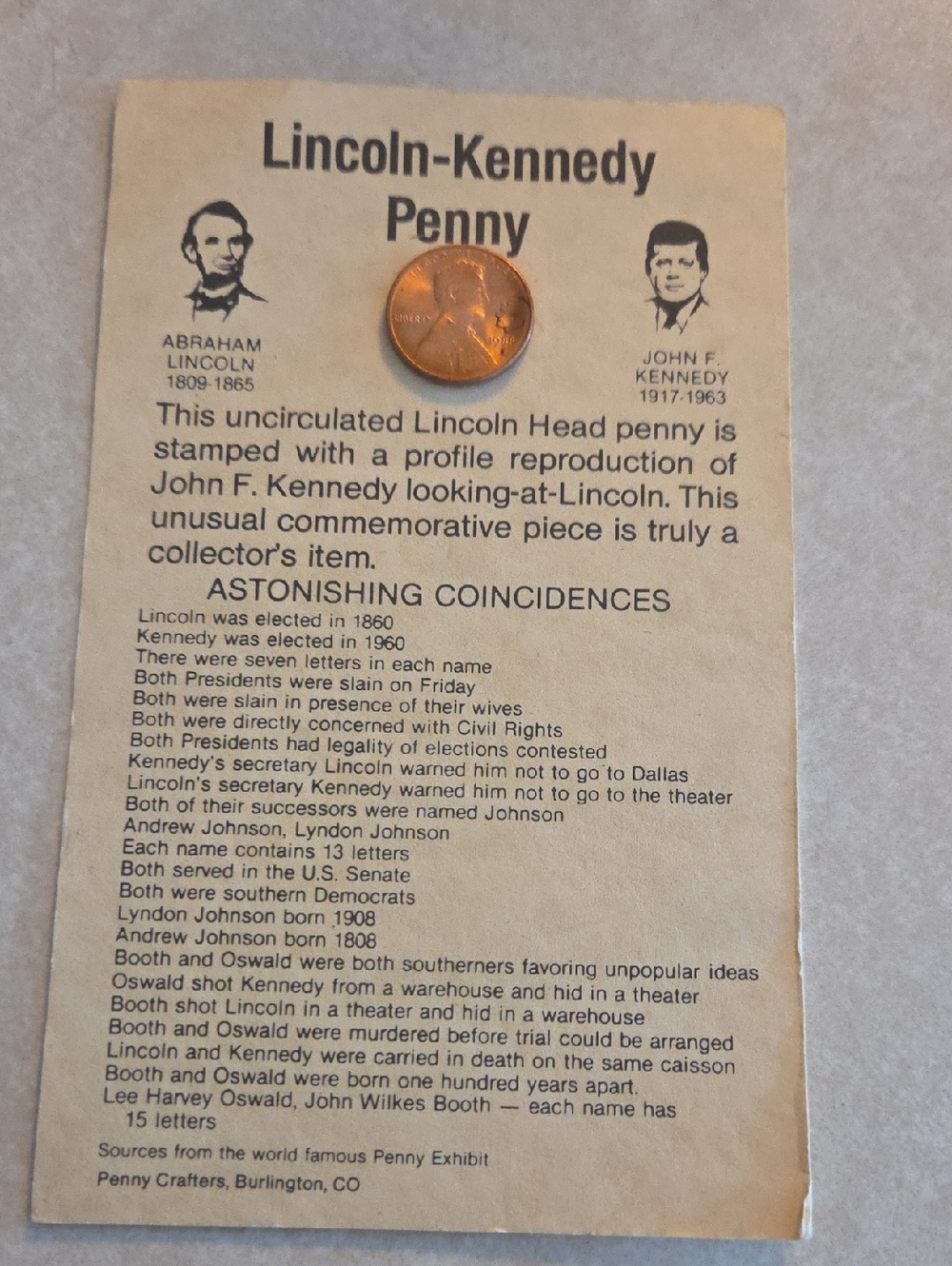 Lincoln-Kennedy Penny Collectible Card with Commemorative Penny